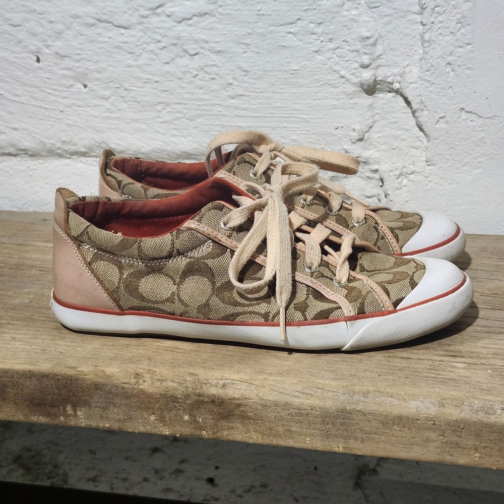 Coach Signature Monogram Barrett Low Top Sneaker Tan Orange Canvas Leather W 10